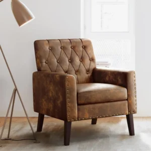 Upholstered Faux Leather Accent Chair 18.5" H, Button Tufted Armchair, Comfy Living Room Chair with Arms