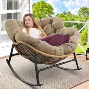 Rocking Egg Chair, Wicker Papasan Rocker with Water Resistant Cushion Cover, 450 lbs Weight Capacity, Oversized Lounge Chair